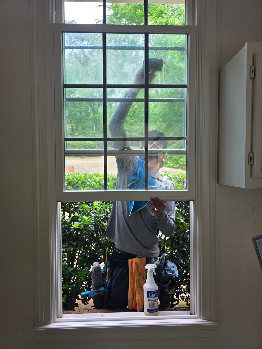 Window cleaner reaching up to a sash window, seen from indoors